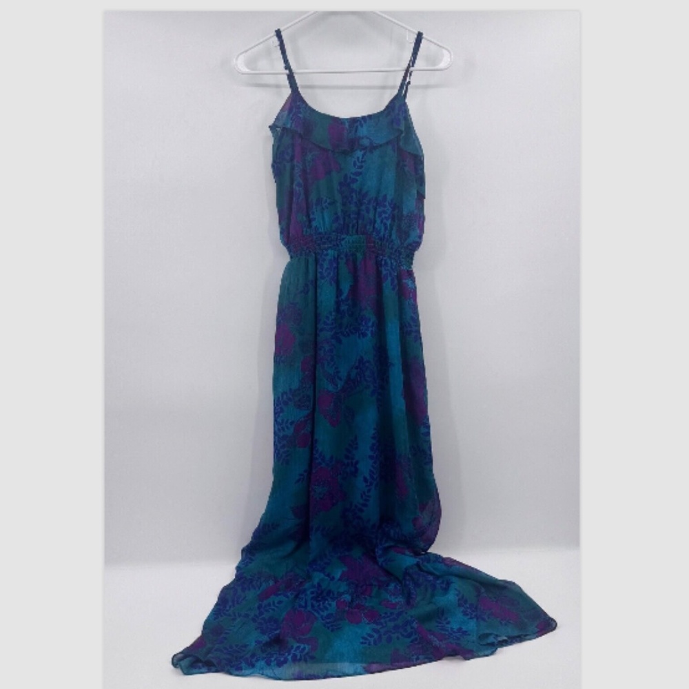 Express Dress Women Small Teal Floral Maxi Sleeveless Ruffle Romantic Cottage